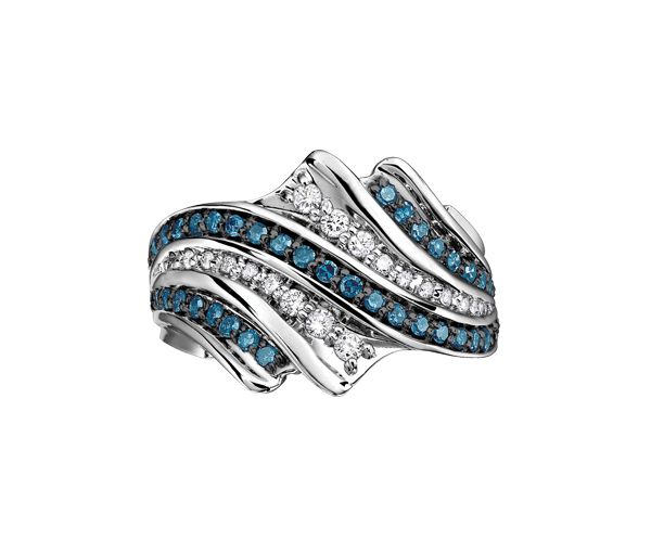 BAGUE EN OR 10K BLANC SERTIE DE DIAMANTS BLEUS ET BLANCS